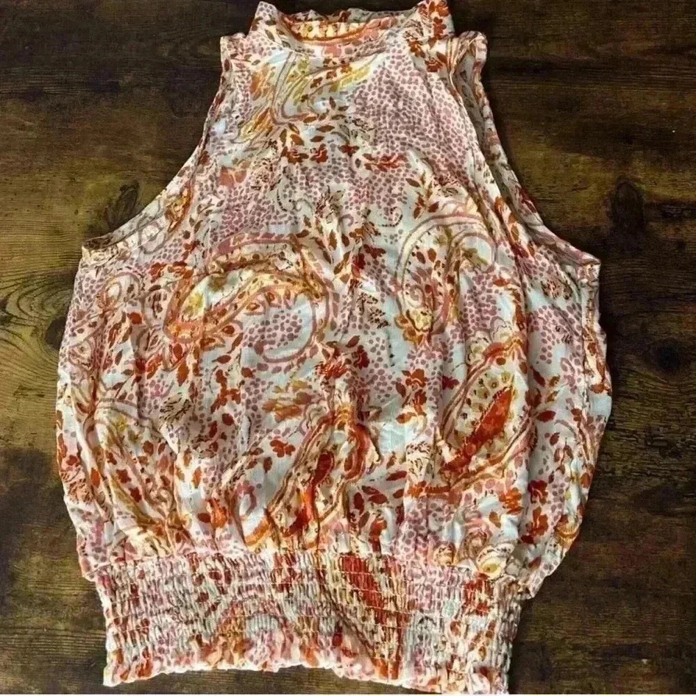 Cynthia Rowley Paisley Boho Mock Neck Smocked Waist Top in Cream/Orange, XS. NWT - Picture 3 of 9